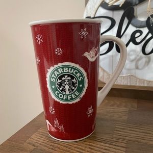 Starbucks “2008” Red Holiday Tall Coffee Mug with Tree, Deer and Dove Motif 16oz
